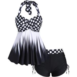 ROSE GAL Womens Plus Size Polka Dot Halter Twist Cinched Ruched Boyshorts Tankini Swimwear(Black_4)