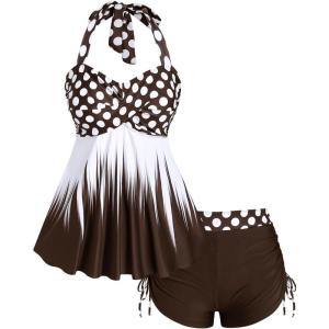 ROSE GAL Womens Plus Size Polka Dot Halter Twist Cinched Ruched Boyshorts Tankini Swimwear(Coffee_1)