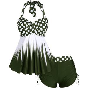 ROSE GAL Womens Plus Size Polka Dot Halter Twist Cinched Ruched Boyshorts Tankini Swimwear(Deep Green_1)