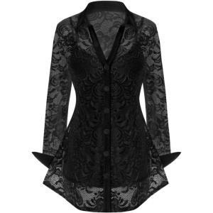 ROSE GAL Womens Plus Size Sheer Lace Button Front Long Sleeve Blouse and Cami Top Twinset(Black)