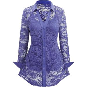 ROSE GAL Womens Plus Size Sheer Lace Button Front Long Sleeve Blouse and Cami Top Twinset(Blue_1)