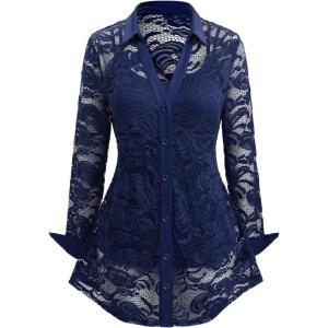 ROSE GAL Womens Plus Size Sheer Lace Button Front Long Sleeve Blouse and Cami Top Twinset(Deep Blue)