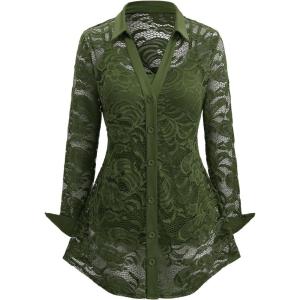 ROSE GAL Womens Plus Size Sheer Lace Button Front Long Sleeve Blouse and Cami Top Twinset(Deep Green)