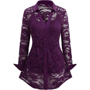 ROSE GAL Womens Plus Size Sheer Lace Button Front Long Sleeve Blouse and Cami Top Twinset(Deep Purple)