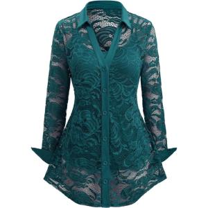 ROSE GAL Womens Plus Size Sheer Lace Button Front Long Sleeve Blouse and Cami Top Twinset(Green)