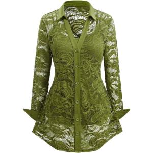 ROSE GAL Womens Plus Size Sheer Lace Button Front Long Sleeve Blouse and Cami Top Twinset(Green_1)