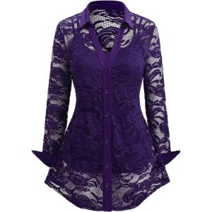 ROSE GAL Womens Plus Size Sheer Lace Button Front Long Sleeve Blouse and Cami Top Twinset(Purple)