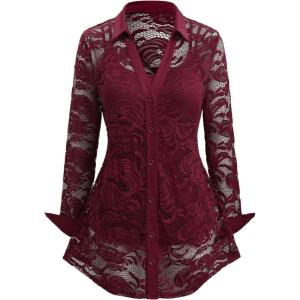 ROSE GAL Womens Plus Size Sheer Lace Button Front Long Sleeve Blouse and Cami Top Twinset(Red)