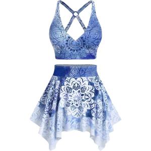 Rosegal Plus Size Ethnic Printed Ombre O-Ring Padded Three Piece Skirt Tankini Swimsuit(Blue)