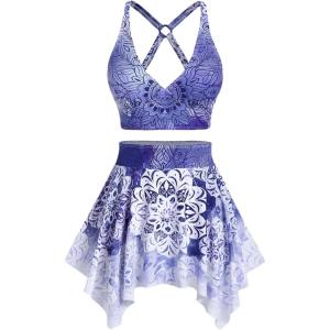 Rosegal Plus Size Ethnic Printed Ombre O-Ring Padded Three Piece Skirt Tankini Swimsuit(Blue_1)