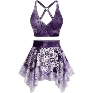 Rosegal Plus Size Ethnic Printed Ombre O-Ring Padded Three Piece Skirt Tankini Swimsuit(Deep Purple)