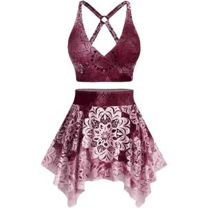 Rosegal Plus Size Ethnic Printed Ombre O-Ring Padded Three Piece Skirt Tankini Swimsuit(Deep Red)