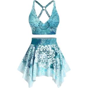 Rosegal Plus Size Ethnic Printed Ombre O-Ring Padded Three Piece Skirt Tankini Swimsuit(Green)
