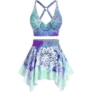 Rosegal Plus Size Ethnic Printed Ombre O-Ring Padded Three Piece Skirt Tankini Swimsuit(Green_1)