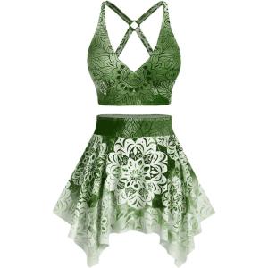 Rosegal Plus Size Ethnic Printed Ombre O-Ring Padded Three Piece Skirt Tankini Swimsuit(Green_2)