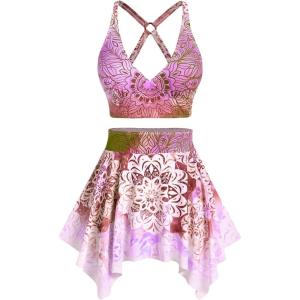 Rosegal Plus Size Ethnic Printed Ombre O-Ring Padded Three Piece Skirt Tankini Swimsuit(Pink_1)