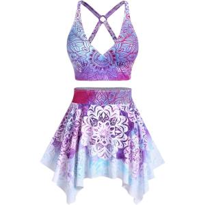 Rosegal Plus Size Ethnic Printed Ombre O-Ring Padded Three Piece Skirt Tankini Swimsuit(Purple)
