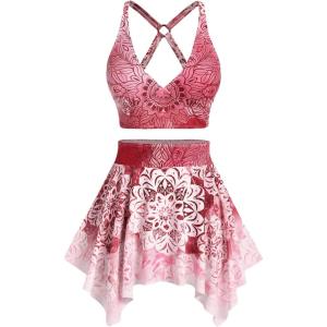 Rosegal Plus Size Ethnic Printed Ombre O-Ring Padded Three Piece Skirt Tankini Swimsuit(Red)