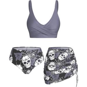 Rosegal Plus Size Women 3 Piece Tankini Swimsuit Gothic Skull Rose Spider Web Print Twist Bathing Suit(Gray)