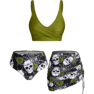 Rosegal Plus Size Women 3 Piece Tankini Swimsuit Gothic Skull Rose Spider Web Print Twist Bathing Suit(Green)