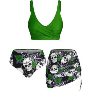 Rosegal Plus Size Women 3 Piece Tankini Swimsuit Gothic Skull Rose Spider Web Print Twist Bathing Suit(Green_1)