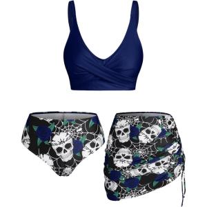 Rosegal Plus Size Women 3 Piece Tankini Swimsuit Gothic Skull Rose Spider Web Print Twist Bathing Suit(Navy Blue)