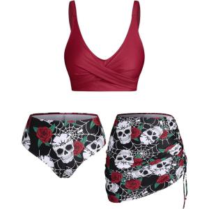 Rosegal Plus Size Women 3 Piece Tankini Swimsuit Gothic Skull Rose Spider Web Print Twist Bathing Suit(Red)