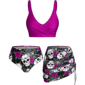 Rosegal Plus Size Women 3 Piece Tankini Swimsuit Gothic Skull Rose Spider Web Print Twist Bathing Suit(Red_1)