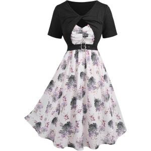 Rosegal Plus Size Women Floral Sundress Set Chiffon Vintage Cami Dress and Twist Ribbed Crop Set Dress(Black_1)