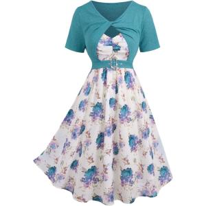 Rosegal Plus Size Women Floral Sundress Set Chiffon Vintage Cami Dress and Twist Ribbed Crop Set Dress(Green_1)