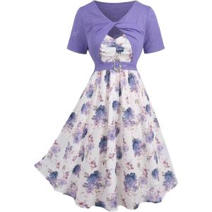Rosegal Plus Size Women Floral Sundress Set Chiffon Vintage Cami Dress and Twist Ribbed Crop Set Dress(Purple_2)