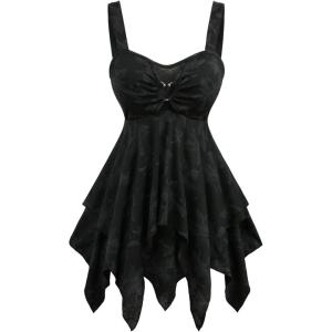 Rosegal Women Plus Size Flowy Summer Floral Babydoll Tank Top Backless Layered Handkerchief(Black_1)