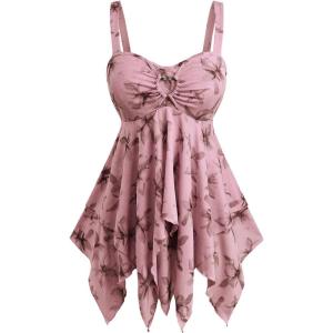 Rosegal Women Plus Size Flowy Summer Floral Babydoll Tank Top Backless Layered Handkerchief(Pink_1)