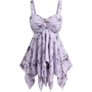 Rosegal Women Plus Size Flowy Summer Floral Babydoll Tank Top Backless Layered Handkerchief(Purple_1)
