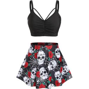 Rosegal Women Plus Size Gothic Tankini Swimsuit Rose Skulls Printed Ruched Two Piece Bathing Suits(Black)