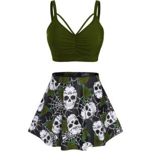 Rosegal Women Plus Size Gothic Tankini Swimsuit Rose Skulls Printed Ruched Two Piece Bathing Suits(Deep Green)