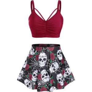 Rosegal Women Plus Size Gothic Tankini Swimsuit Rose Skulls Printed Ruched Two Piece Bathing Suits(Deep Red)