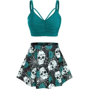 Rosegal Women Plus Size Gothic Tankini Swimsuit Rose Skulls Printed Ruched Two Piece Bathing Suits(Peacock Blue)