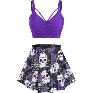 Rosegal Women Plus Size Gothic Tankini Swimsuit Rose Skulls Printed Ruched Two Piece Bathing Suits(Purple)