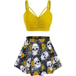 Rosegal Women Plus Size Gothic Tankini Swimsuit Rose Skulls Printed Ruched Two Piece Bathing Suits(Yellow)