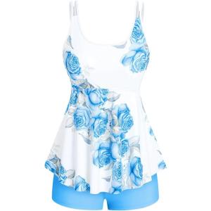 Rosegal Women Plus Size Modest Tankini Swimsuit Rose Print Boyleg Swimwear Padded Boyshorts Bathing(Blue_1)