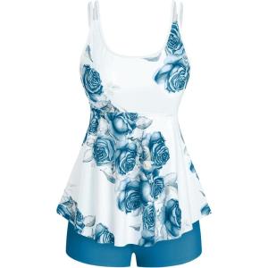 Rosegal Women Plus Size Modest Tankini Swimsuit Rose Print Boyleg Swimwear Padded Boyshorts Bathing(Blue_2)