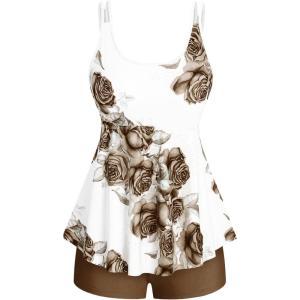 Rosegal Women Plus Size Modest Tankini Swimsuit Rose Print Boyleg Swimwear Padded Boyshorts Bathing(Coffee_1)