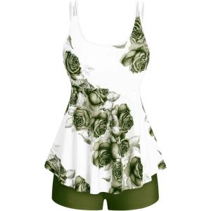 Rosegal Women Plus Size Modest Tankini Swimsuit Rose Print Boyleg Swimwear Padded Boyshorts Bathing(Green_2)