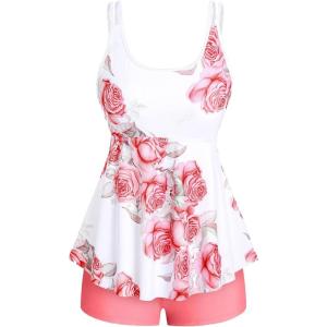 Rosegal Women Plus Size Modest Tankini Swimsuit Rose Print Boyleg Swimwear Padded Boyshorts Bathing(Pink_100)