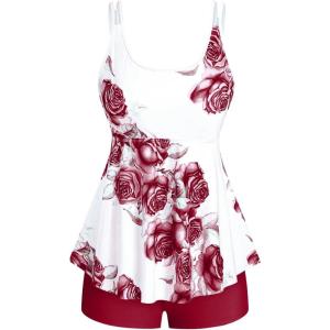 Rosegal Women Plus Size Modest Tankini Swimsuit Rose Print Boyleg Swimwear Padded Boyshorts Bathing(Red_1)