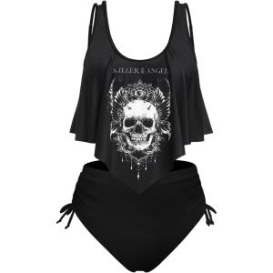 Rosegal Womens Plus Size Curve Gothic Skull Print Ruffled Overlay Tankini Swimwear Set(Black)