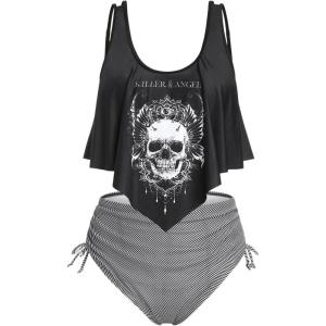 Rosegal Womens Plus Size Curve Gothic Skull Print Ruffled Overlay Tankini Swimwear Set(Black_1)