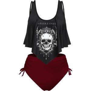 Rosegal Womens Plus Size Curve Gothic Skull Print Ruffled Overlay Tankini Swimwear Set(Black_2)