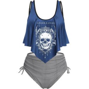 Rosegal Womens Plus Size Curve Gothic Skull Print Ruffled Overlay Tankini Swimwear Set(Blue)